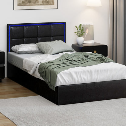 Oikiture Bed Frame Single Size RGB LED Gas Lift Storage Base Leather-Bed Frame-PEROZ Accessories