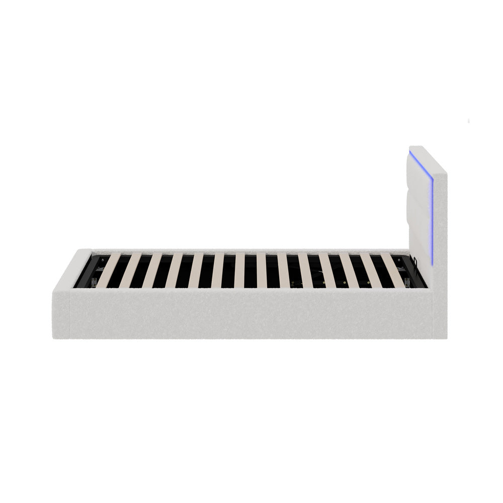 Oikiture Bed Frame Single Size RGB LED Gas Lift Storage Base White Boucle-Bed Frame-PEROZ Accessories