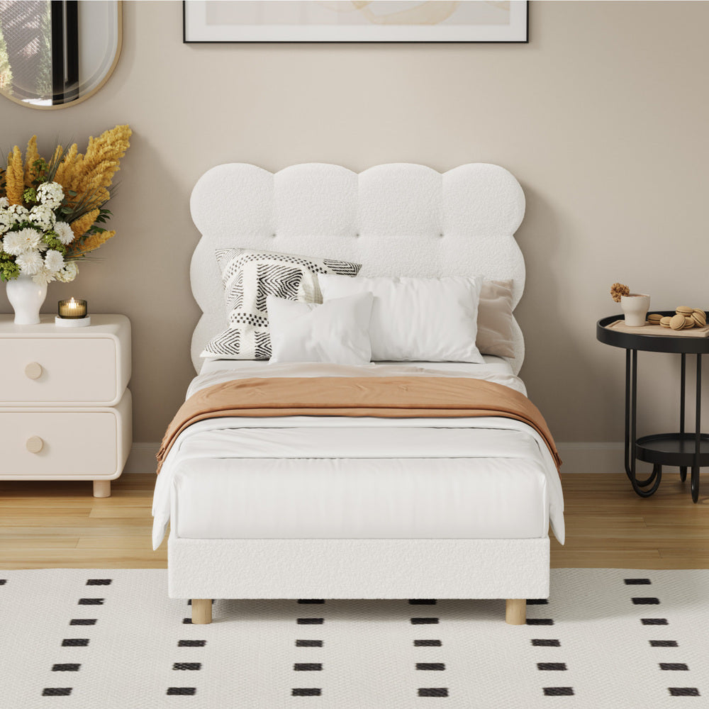 Oikiture Bed Frame Single Tufted Bedhead Boucle Fabric White-Bed Frame-PEROZ Accessories