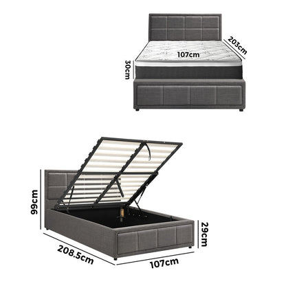 Oikiture Bed Frame With Mattress Set King Single Gas Lift Grey BOSS-Bed Frame-PEROZ Accessories