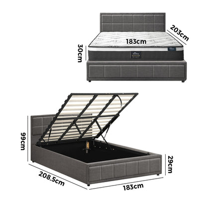 Oikiture Bed Frame With Mattress Set King Size Gas Lift Grey BOSS-Bed Frame-PEROZ Accessories