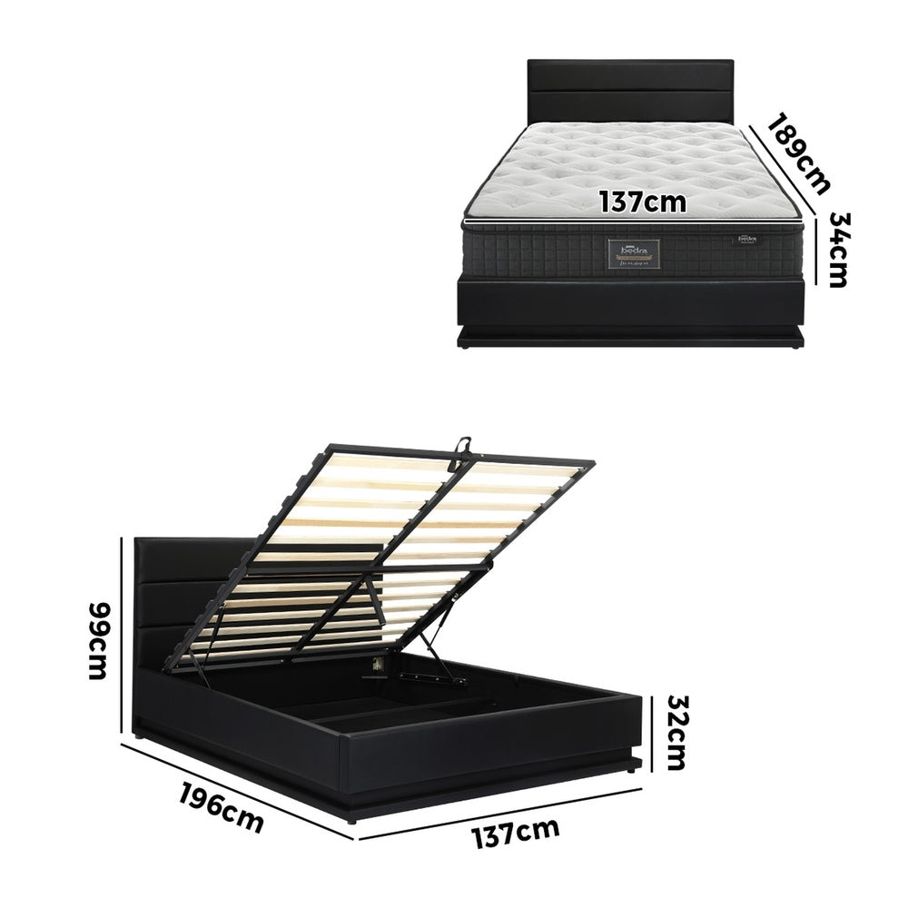 Oikiture Bed Frame with Mattress Double Size LED Gas Lift Black LAYZ-Bed Frame-PEROZ Accessories