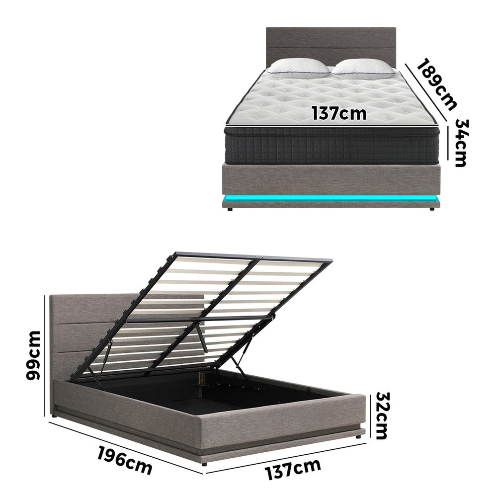 Oikiture Bed Frame with Mattress Double Size LED Gas Lift Grey LAYZ-Bed Frame-PEROZ Accessories