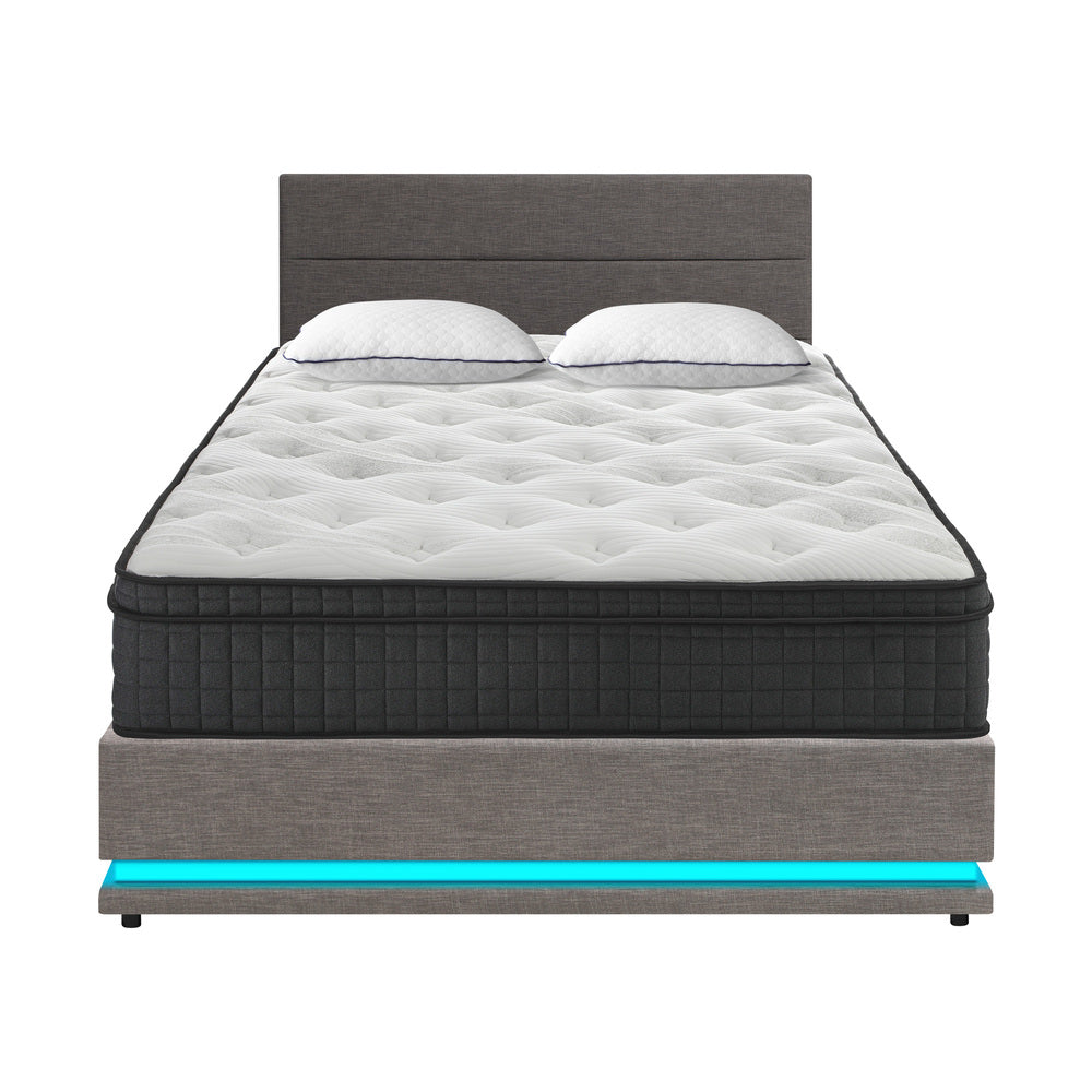 Oikiture Bed Frame with Mattress Double Size LED Gas Lift Grey LAYZ-Bed Frame-PEROZ Accessories