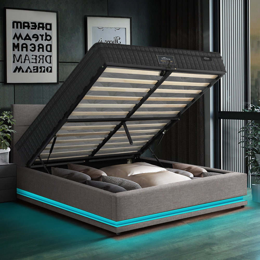 Oikiture Bed Frame with Mattress Double Size LED Gas Lift Grey LAYZ-Bed Frame-PEROZ Accessories