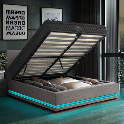 Oikiture Bed Frame with Mattress Double Size LED Gas Lift Grey LAYZ-Bed Frame-PEROZ Accessories
