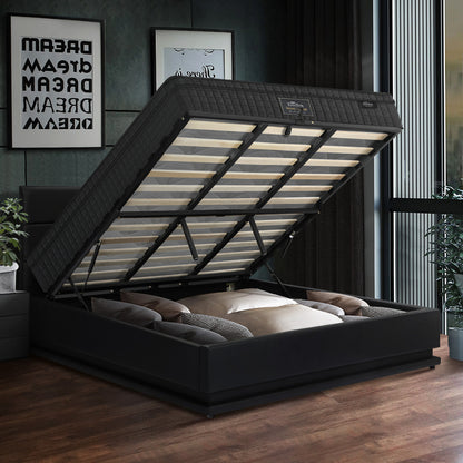 Oikiture Bed Frame with Mattress King Size LED Gas Lift Black LAYZ-Bed Frame-PEROZ Accessories