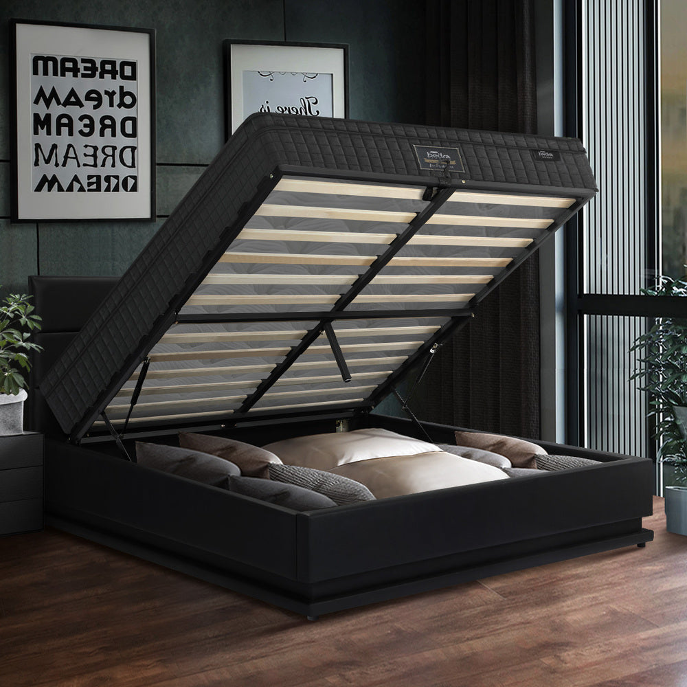 Oikiture Bed Frame with Mattress Queen Size LED Gas Lift Black LAYZ-Bed Frame-PEROZ Accessories