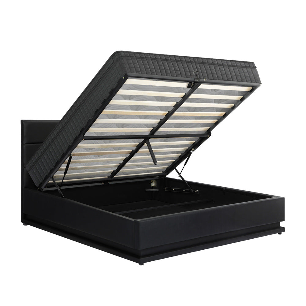 Oikiture Bed Frame with Mattress Queen Size LED Gas Lift Black LAYZ-Bed Frame-PEROZ Accessories