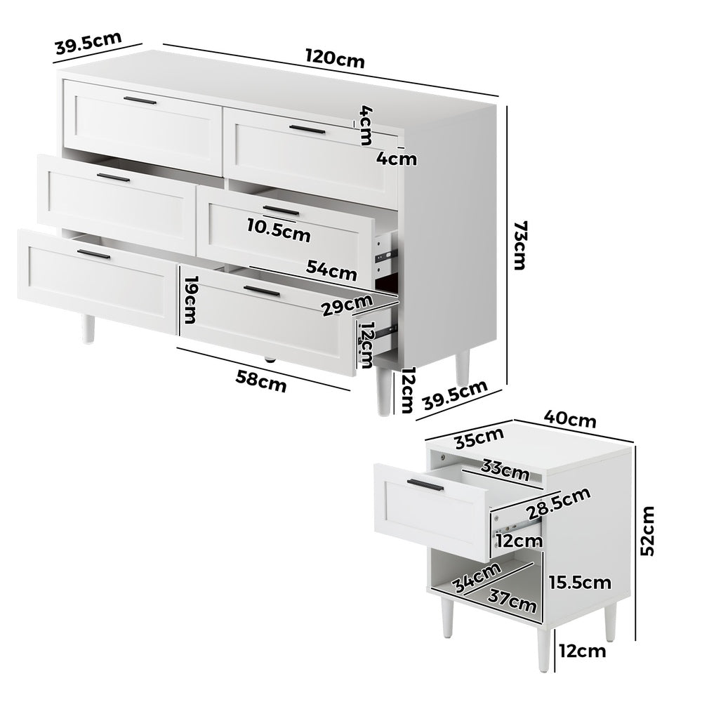 Oikiture Bedroom Set 6 Chest of Drawers and 2 Bedside Tables White-Bedroom Set-PEROZ Accessories