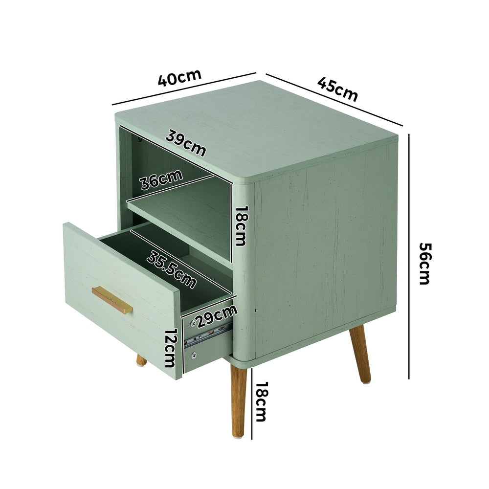 Oikiture Bedside Table 1 Drawer Open Shelf Nightstand Green-Bedside Tables-PEROZ Accessories