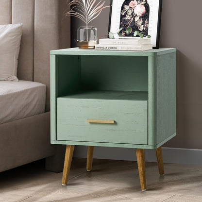 Oikiture Bedside Table 1 Drawer Open Shelf Nightstand Green-Bedside Tables-PEROZ Accessories