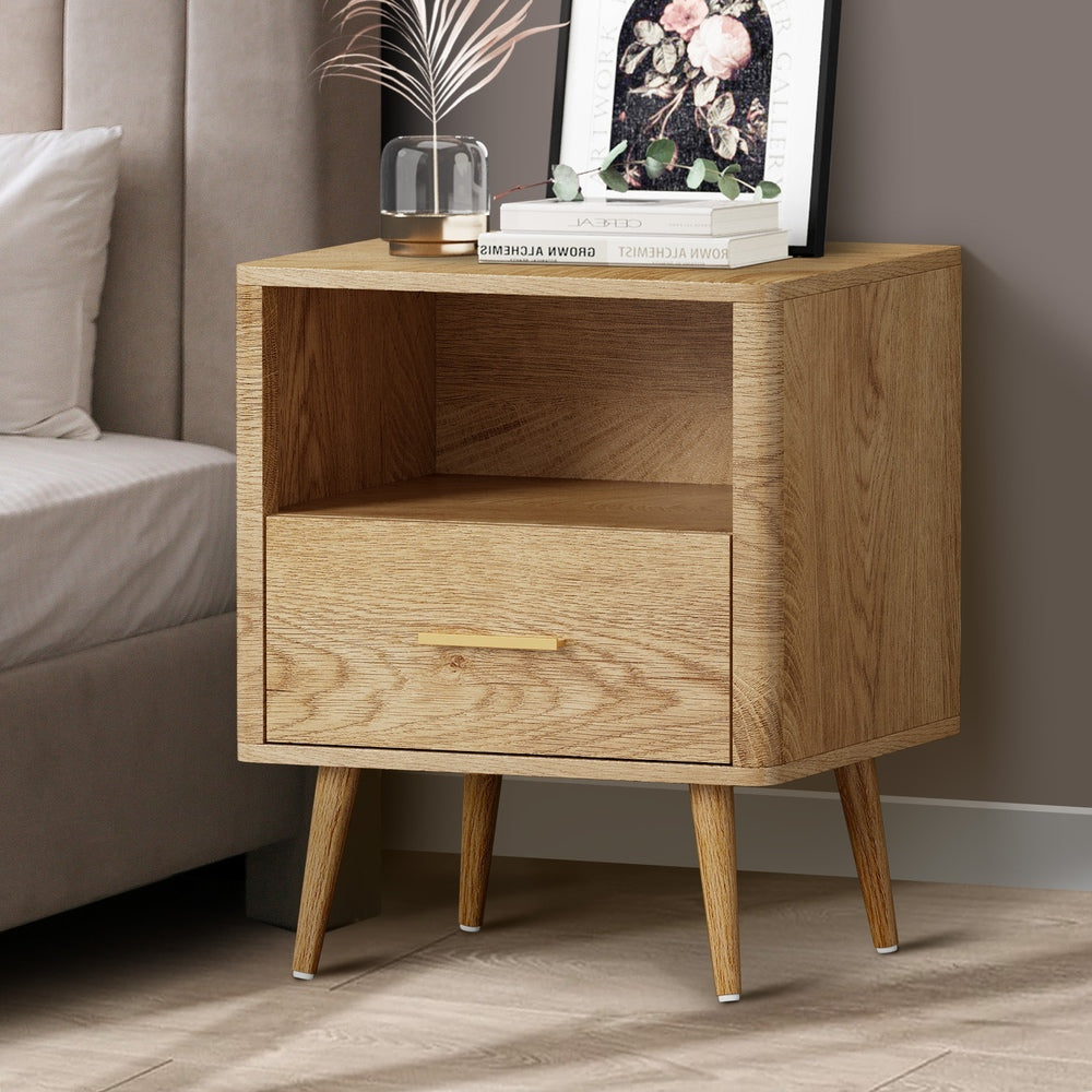 Oikiture Bedside Table 1 Drawer Open Shelf Nightstand Natural-Bedside Tables-PEROZ Accessories