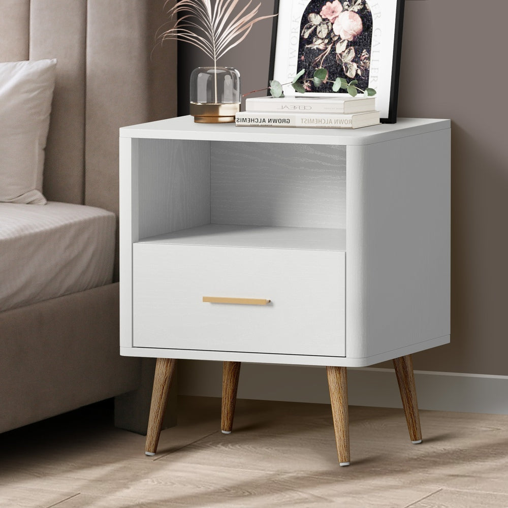 Oikiture Bedside Table 1 Drawer Open Shelf Nightstand White-Bedside Tables-PEROZ Accessories