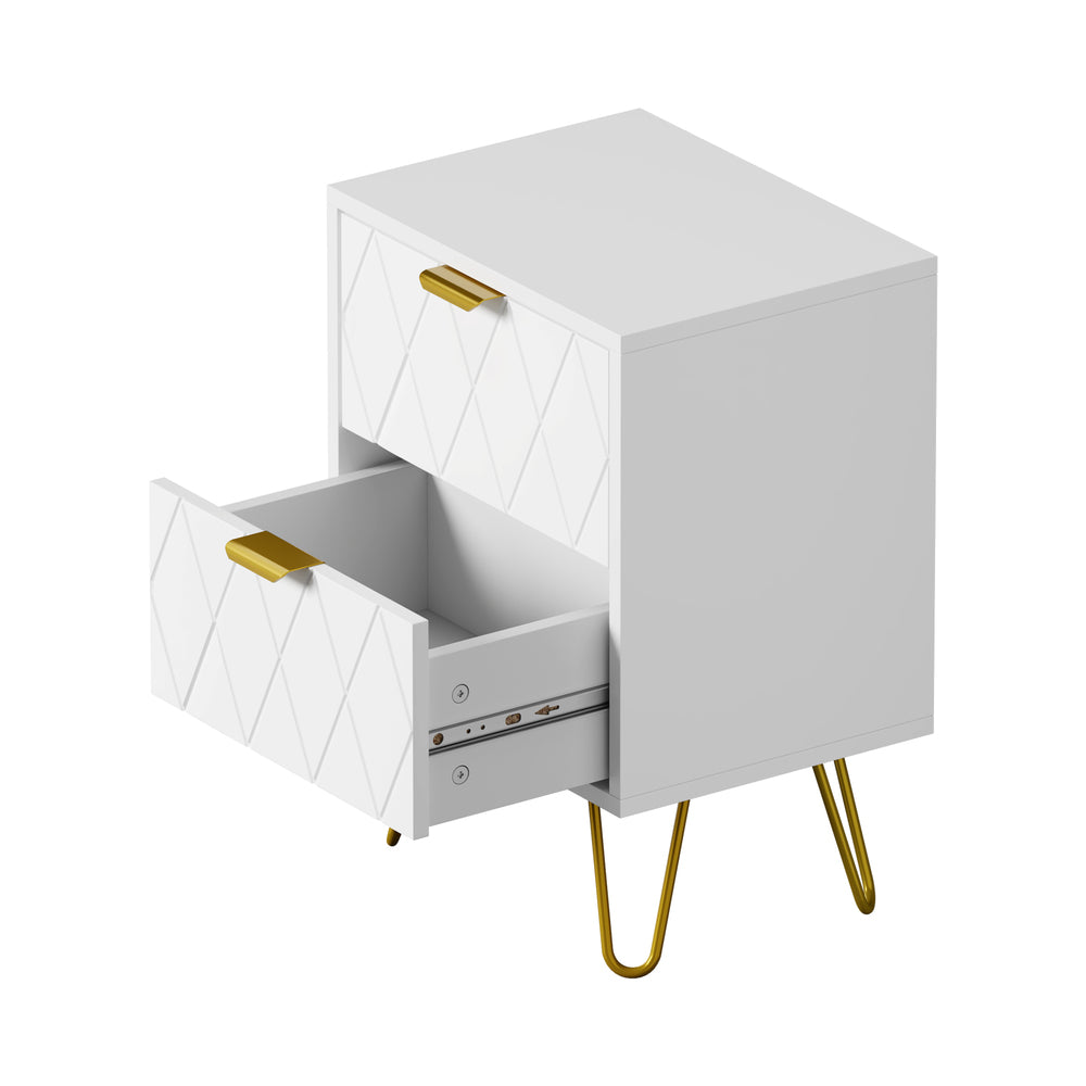 Oikiture Bedside Table 2 Drawers Gold Metal Nightstand White-Bedside Table-PEROZ Accessories