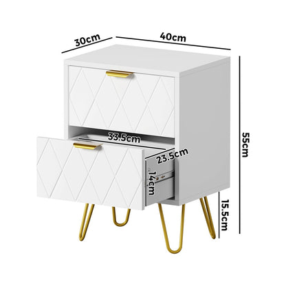 Oikiture Bedside Table 2 Drawers Gold Metal Nightstand White-Bedside Table-PEROZ Accessories