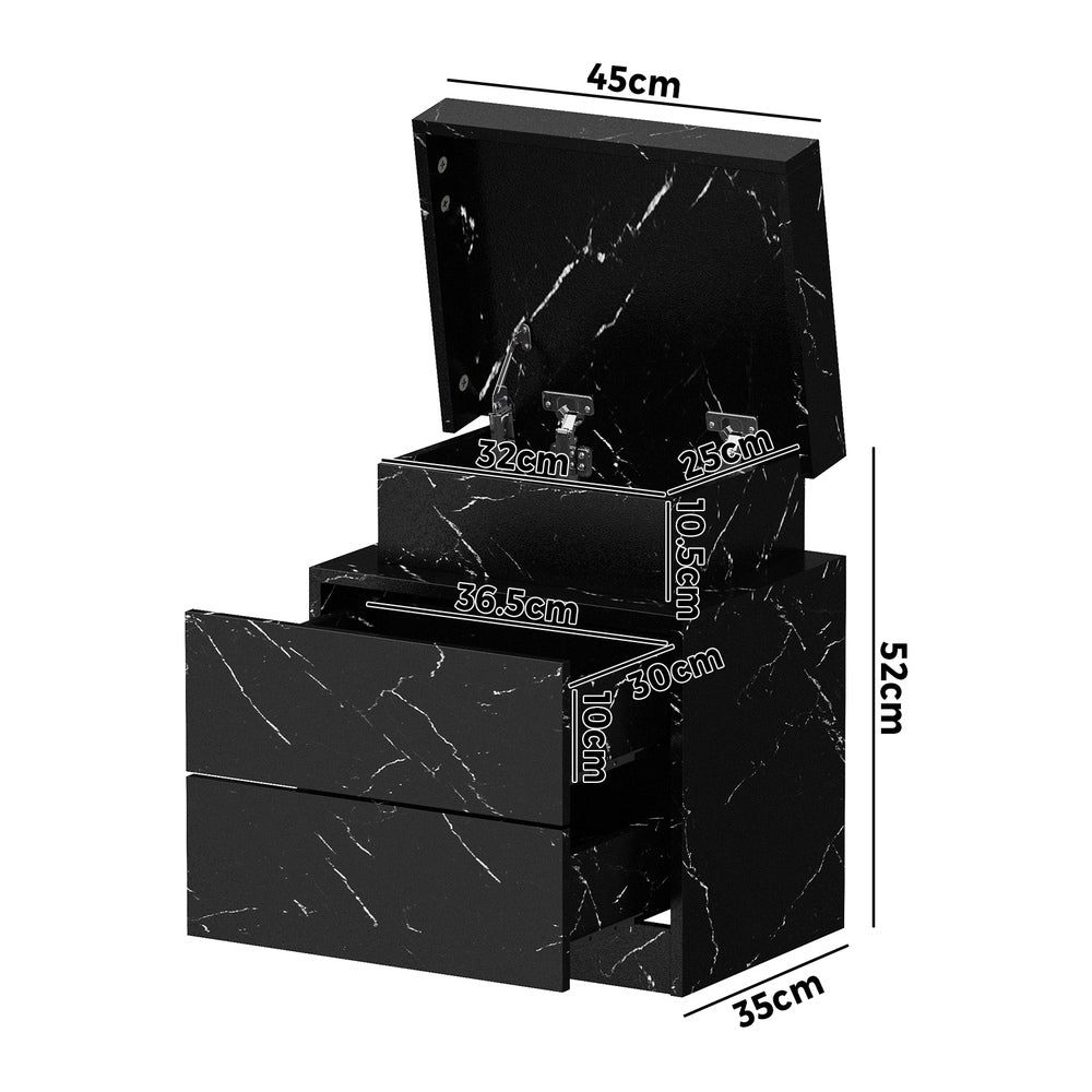 Oikiture Bedside Table 2 Drawers LED Nightstand Marble Effect Black-Bedside Table-PEROZ Accessories