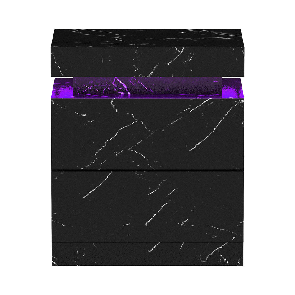 Oikiture Bedside Table 2 Drawers LED Nightstand Marble Effect Black-Bedside Table-PEROZ Accessories
