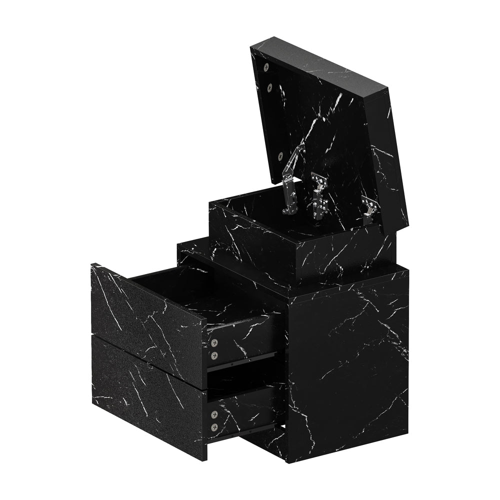 Oikiture Bedside Table 2 Drawers LED Nightstand Marble Effect Black-Bedside Table-PEROZ Accessories