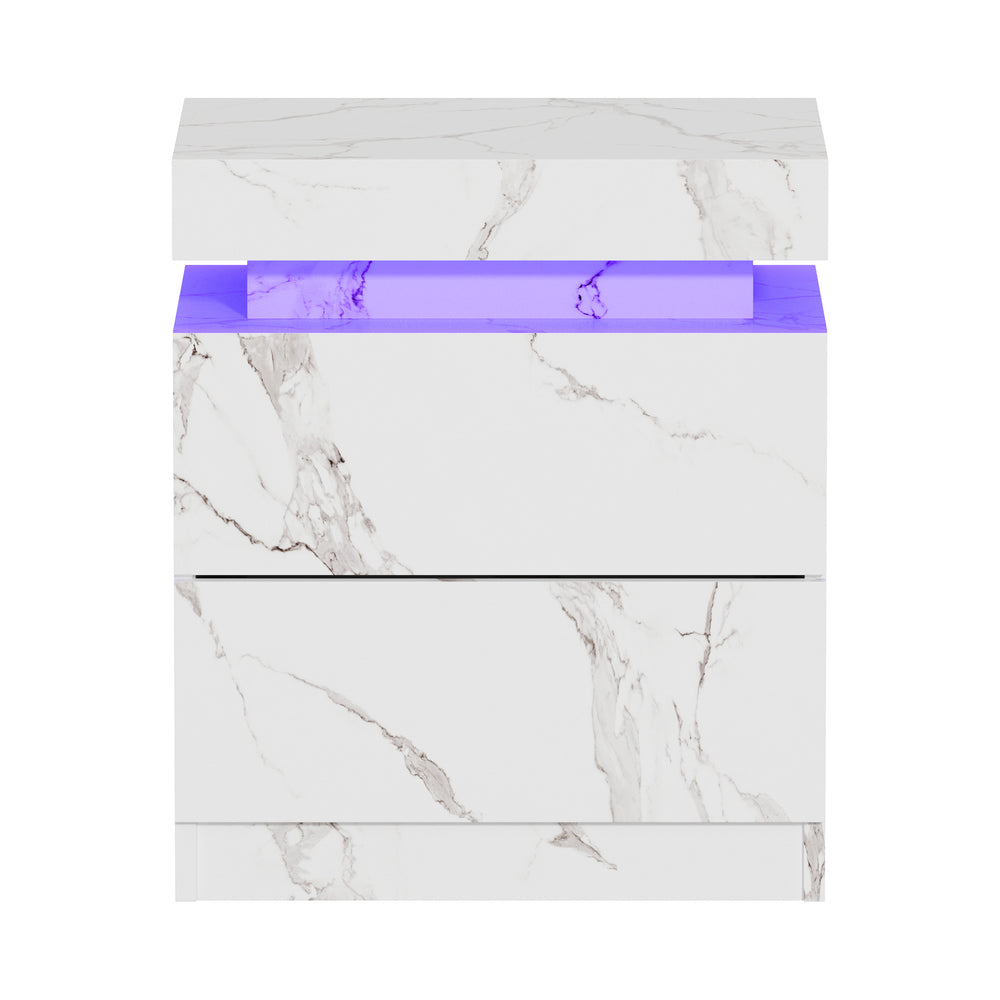 Oikiture Bedside Table 2 Drawers LED Nightstand Marble Effect White-Bedside Table-PEROZ Accessories