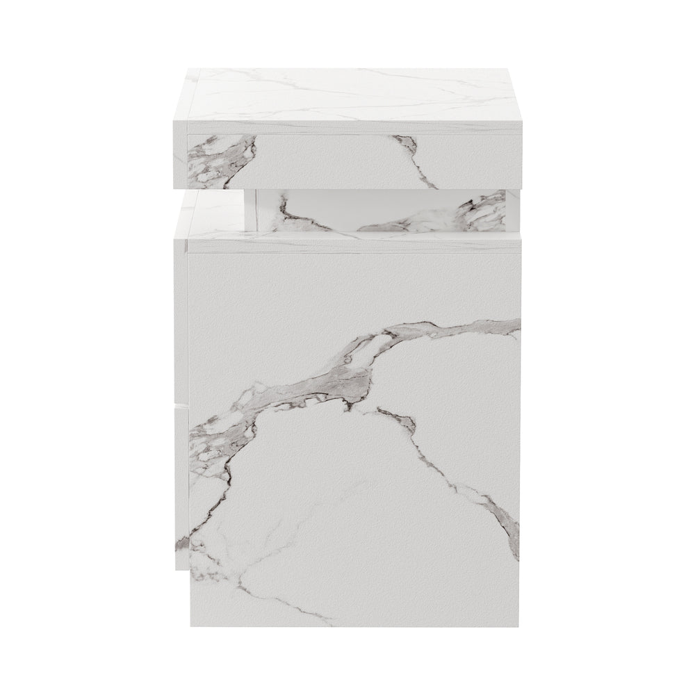 Oikiture Bedside Table 2 Drawers LED Nightstand Marble Effect White-Bedside Table-PEROZ Accessories