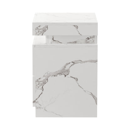 Oikiture Bedside Table 2 Drawers LED Nightstand Marble Effect White-Bedside Table-PEROZ Accessories