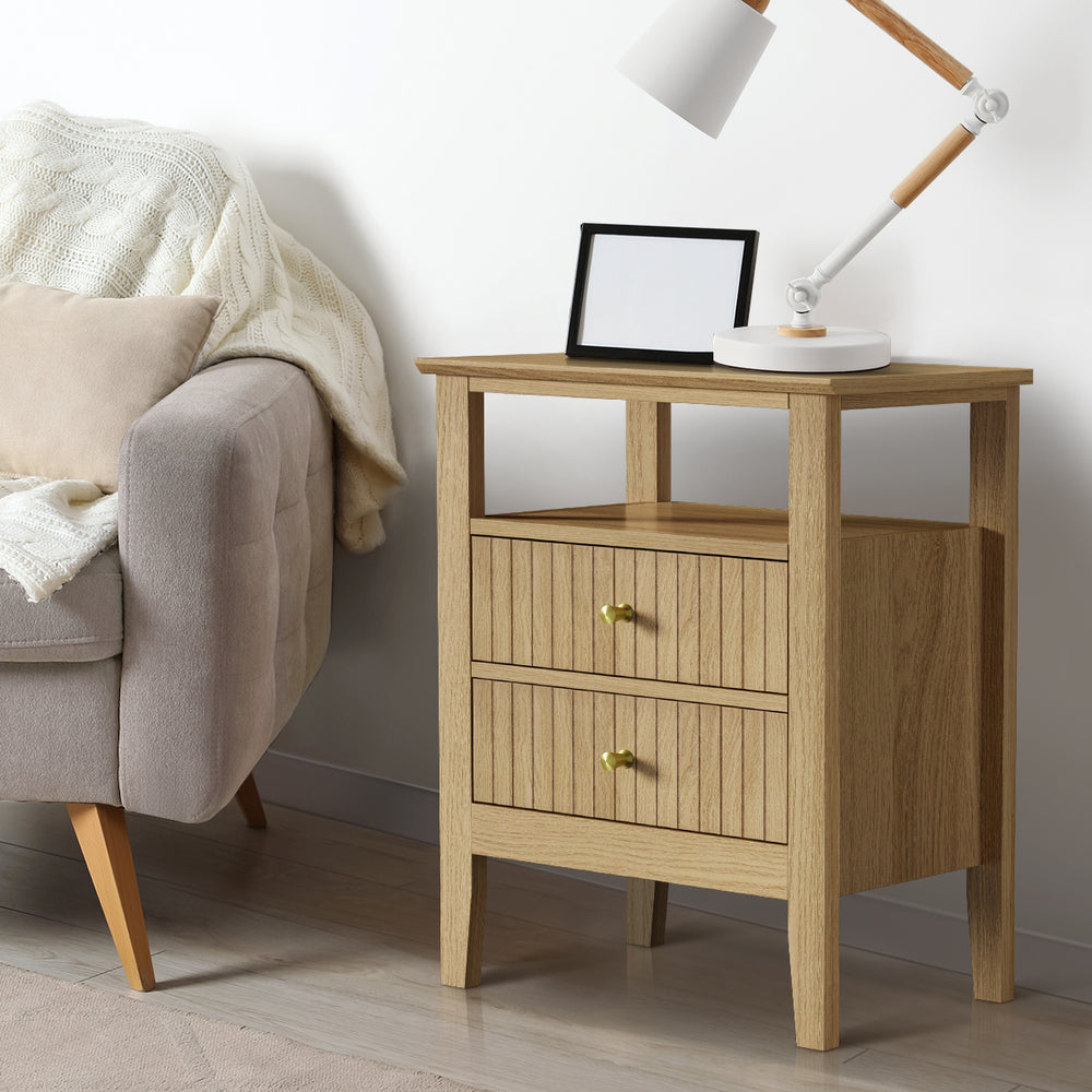 Oikiture Bedside Table 2 Drawers Open Shelf Nightstand Natural-Bedside Tables-PEROZ Accessories