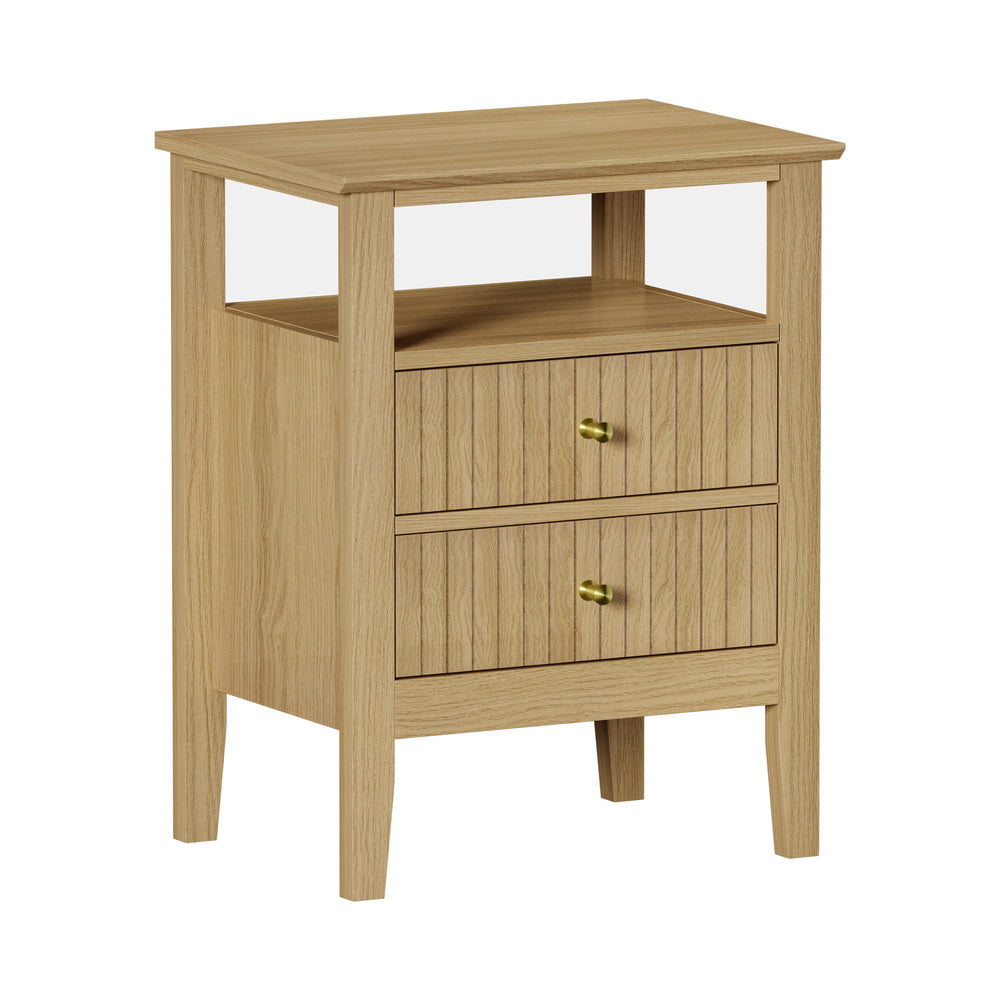 Oikiture Bedside Table 2 Drawers Open Shelf Nightstand Natural-Bedside Tables-PEROZ Accessories
