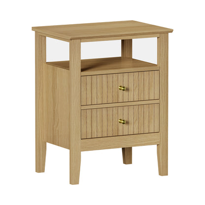 Oikiture Bedside Table 2 Drawers Open Shelf Nightstand Natural-Bedside Tables-PEROZ Accessories