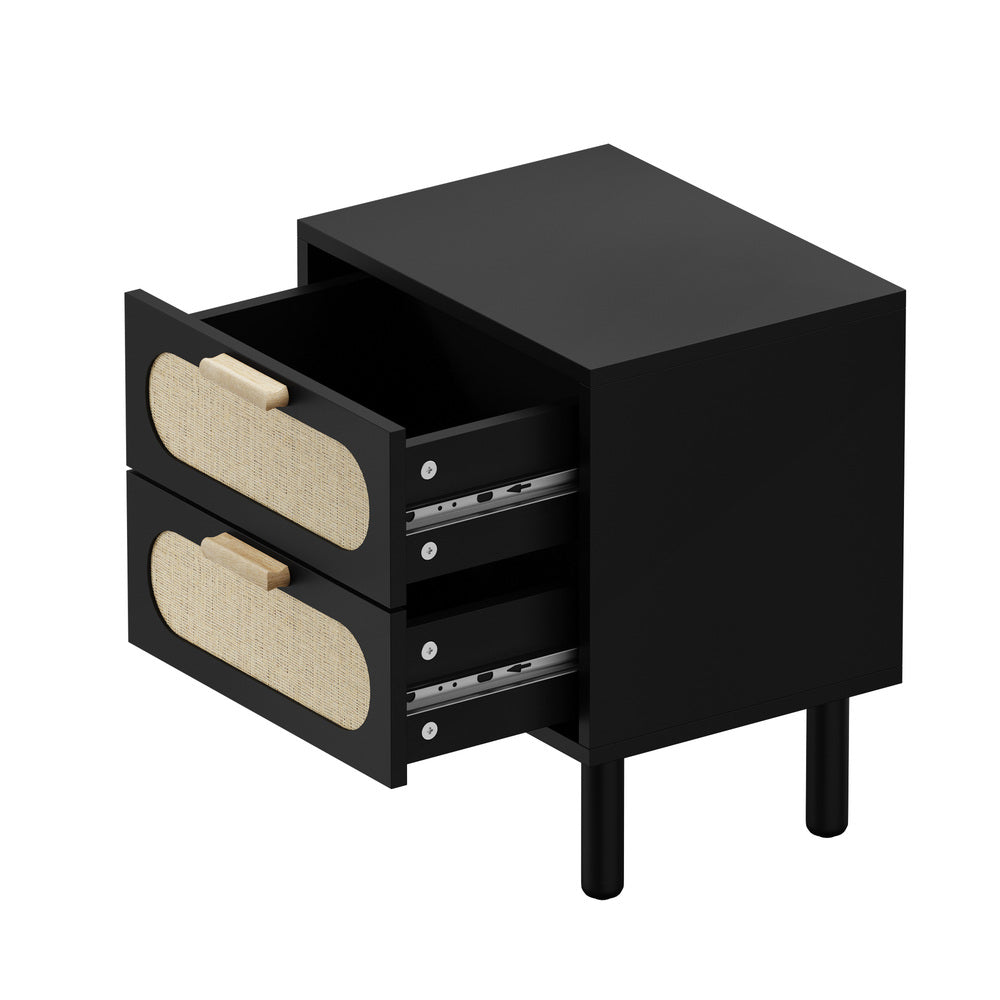 Oikiture Bedside Table 2 Drawers Rattan Black-Bedside Table-PEROZ Accessories