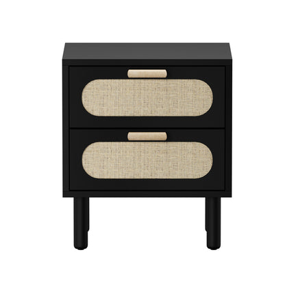 Oikiture Bedside Table 2 Drawers Rattan Black-Bedside Table-PEROZ Accessories
