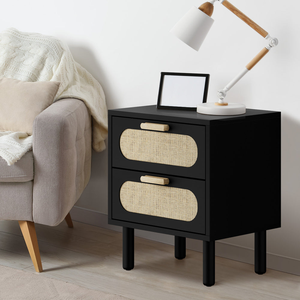 Oikiture Bedside Table 2 Drawers Rattan Black-Bedside Table-PEROZ Accessories