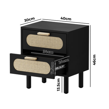 Oikiture Bedside Table 2 Drawers Rattan Black-Bedside Table-PEROZ Accessories