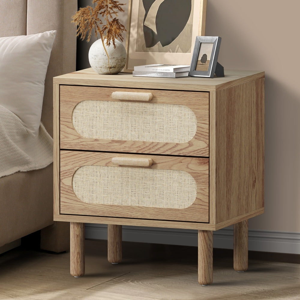 Oikiture Bedside Table 2 Drawers Rattan Natural-Bedside Table-PEROZ Accessories