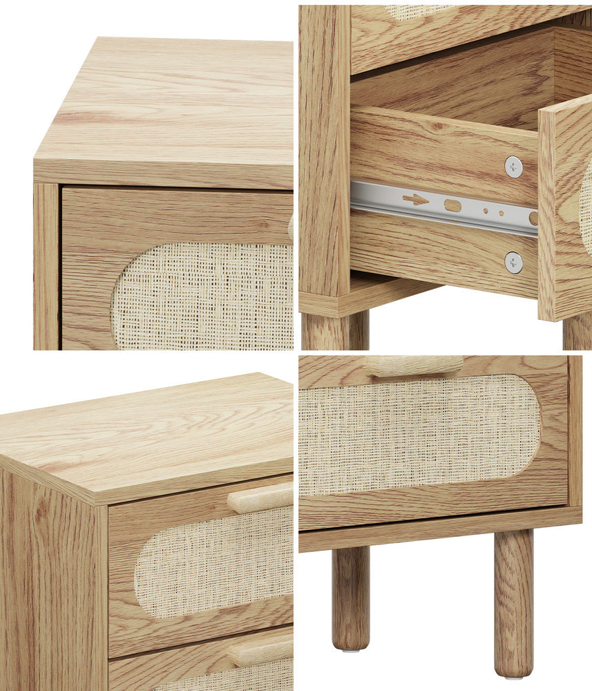 Oikiture Bedside Table 2 Drawers Rattan Natural-Bedside Table-PEROZ Accessories
