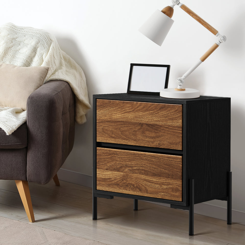 Oikiture Bedside Table 2 Drawers Side End Nightstand Walnut-Bedside Table-PEROZ Accessories