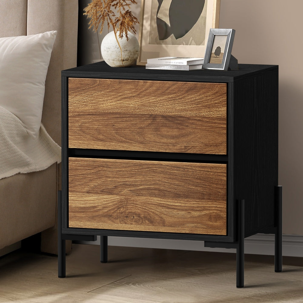 Oikiture Bedside Table 2 Drawers Side End Nightstand Walnut-Bedside Table-PEROZ Accessories