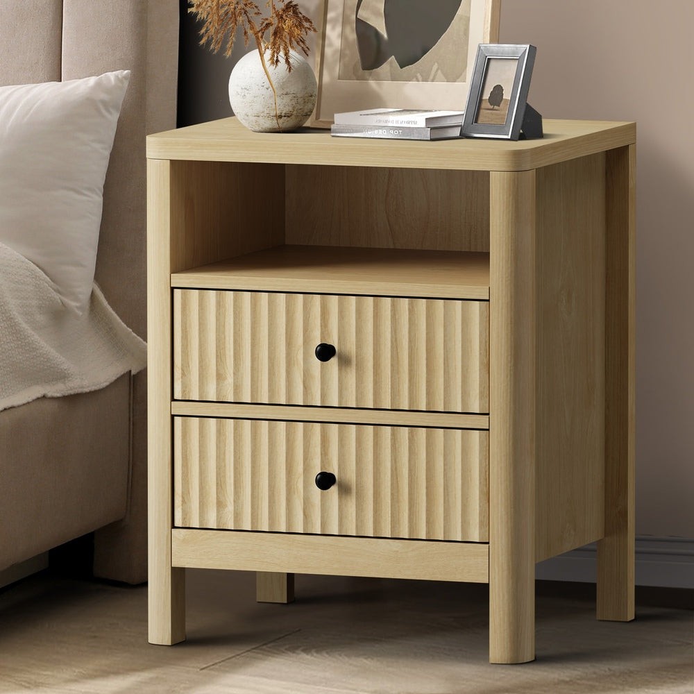 Oikiture Bedside Table 2 Drawers Side End Tables Open Shelf Natural-Bedside Tables-PEROZ Accessories