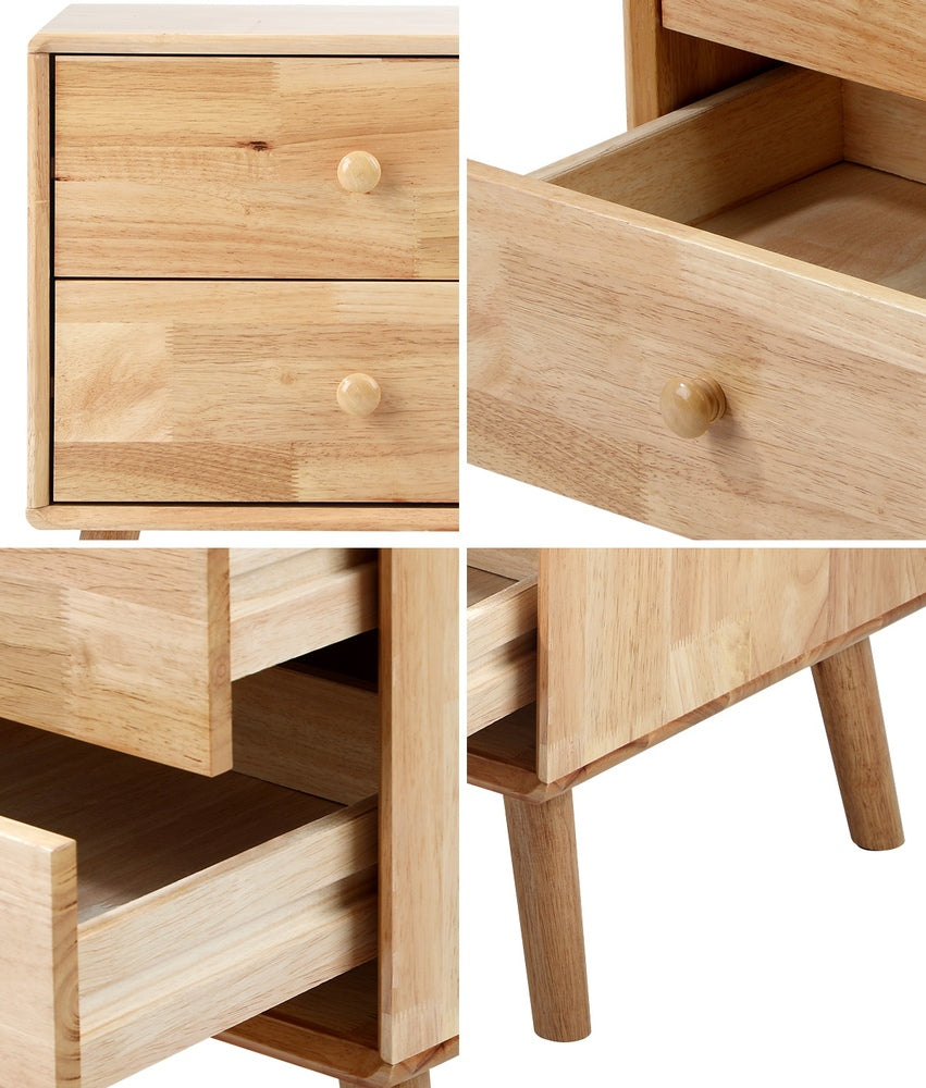 Oikiture Bedside Table 2 Drawers Storage Rubber Wood-Bedside Table-PEROZ Accessories