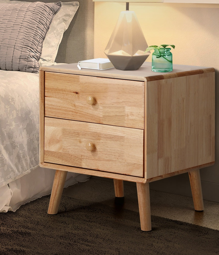 Oikiture Bedside Table 2 Drawers Storage Rubber Wood-Bedside Table-PEROZ Accessories