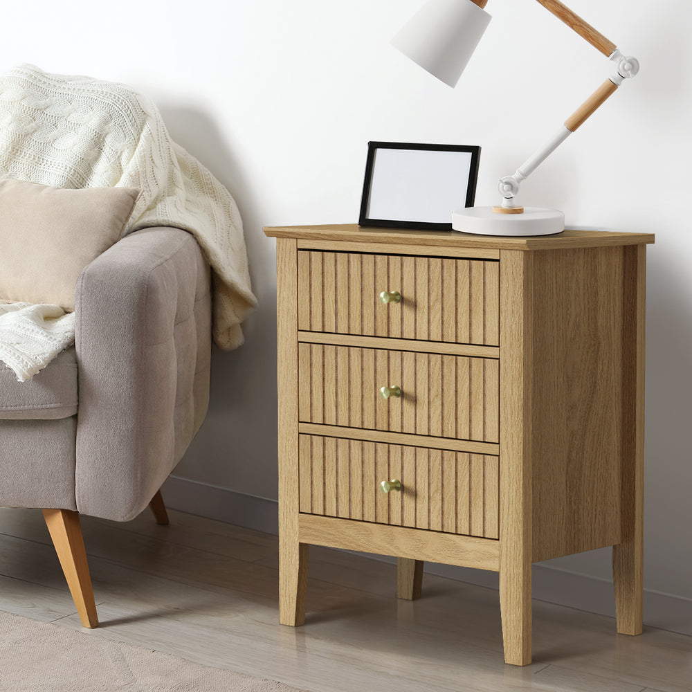 Oikiture Bedside Table 3 Drawers Side End Nightstand Natural-Bedside Table-PEROZ Accessories