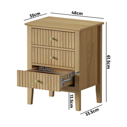 Oikiture Bedside Table 3 Drawers Side End Nightstand Natural-Bedside Table-PEROZ Accessories