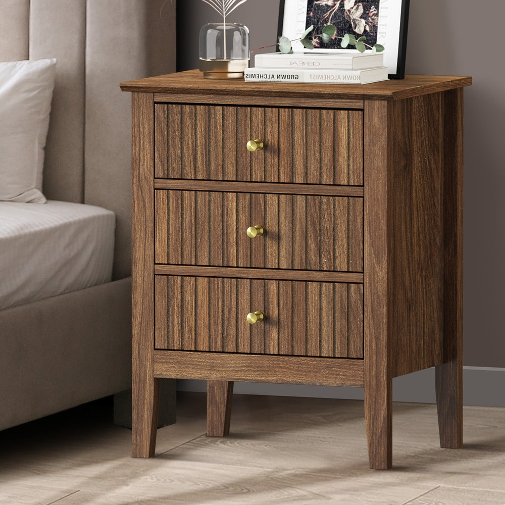 Oikiture Bedside Table 3 Drawers Side End Nightstand Walnut-Bedside Table-PEROZ Accessories