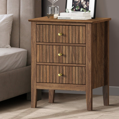 Oikiture Bedside Table 3 Drawers Side End Nightstand Walnut-Bedside Table-PEROZ Accessories