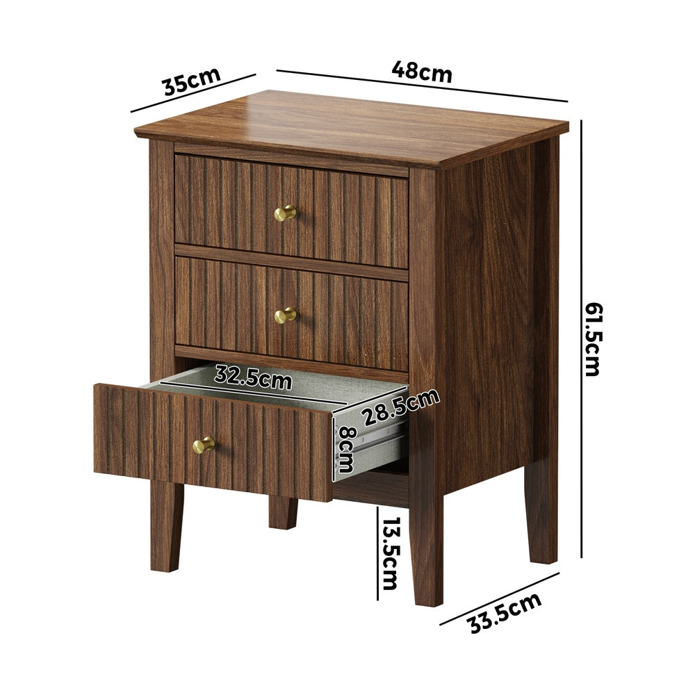 Oikiture Bedside Table 3 Drawers Side End Nightstand Walnut-Bedside Table-PEROZ Accessories