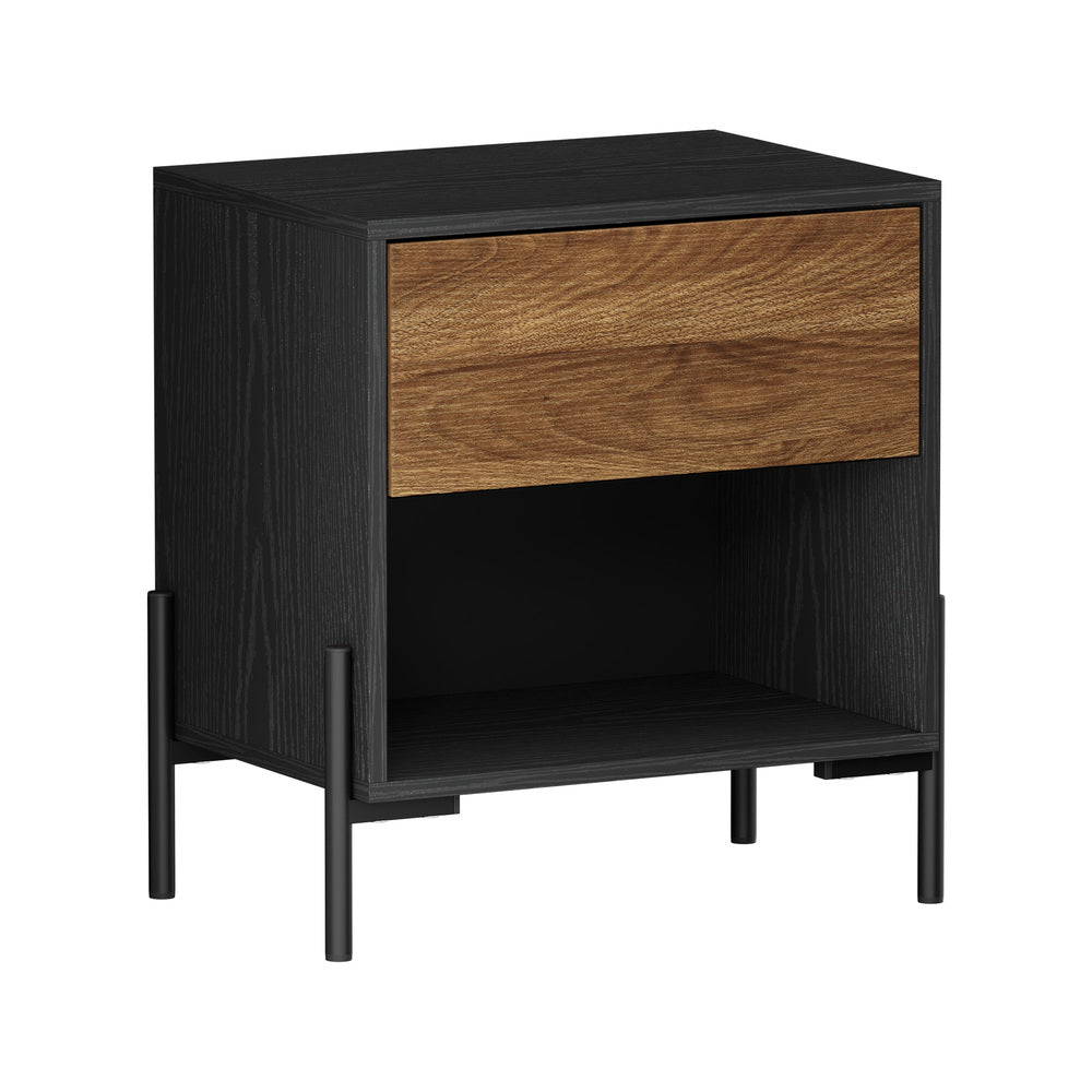 Oikiture Bedside Table Drawer Nightstand Storage Walnut and Black-Bedside Table-PEROZ Accessories