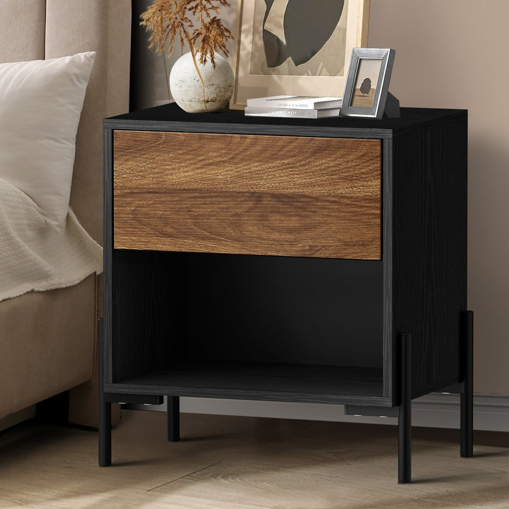 Oikiture Bedside Table Drawer Nightstand Storage Walnut and Black-Bedside Table-PEROZ Accessories