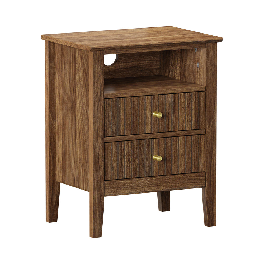 Oikiture Bedside Table Nightstand 2 Drawer with Storage Cabinet Walnut-Bedside Table-PEROZ Accessories