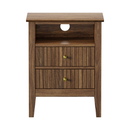 Oikiture Bedside Table Nightstand 2 Drawer with Storage Cabinet Walnut-Bedside Table-PEROZ Accessories