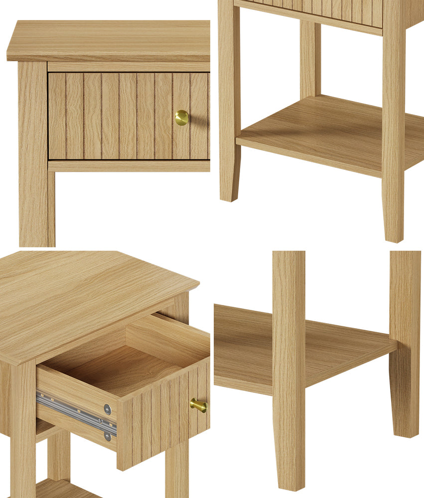 Oikiture Bedside Table with 1 Drawer Open Shelf Nightstand Natural-Bedside Tables-PEROZ Accessories